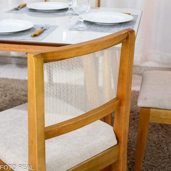 Mesa Siena 120x90 Vidro Off/Base Madeira Art Assento + 4 Cadeiras Cantiga Boucle Bege Madeira Bechara - Entregue Montada