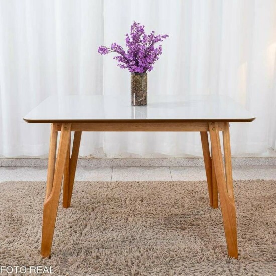 Mesa Siena 120x90 Vidro Off/Base Madeira Art Assento + 4 Cadeiras Cantiga Boucle Bege Madeira Bechara - Entregue Montada