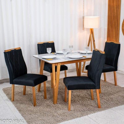 Mesa de Jantar Siena 120x90 Vidro Off Base Madeira + 4 Cadeiras Lisboa Veludo Preto 504 Art Assento - Entregue Montada