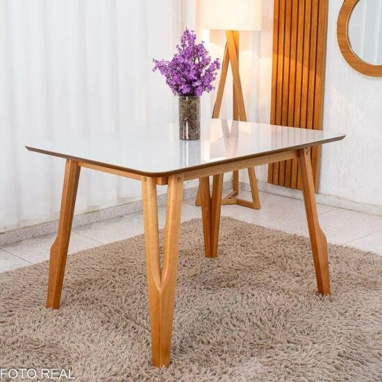 Mesa Siena 120x90 Vidro Off/Base Madeira + 4 Cadeiras Lisboa Veludo Bege 512 Madeira Art Assento - Entregue Montada