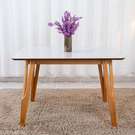 Mesa Siena 120x90 Vidro Off/Base Madeira + 4 Cadeiras Lisboa Veludo Bege 512 Madeira Art Assento - Entregue Montada