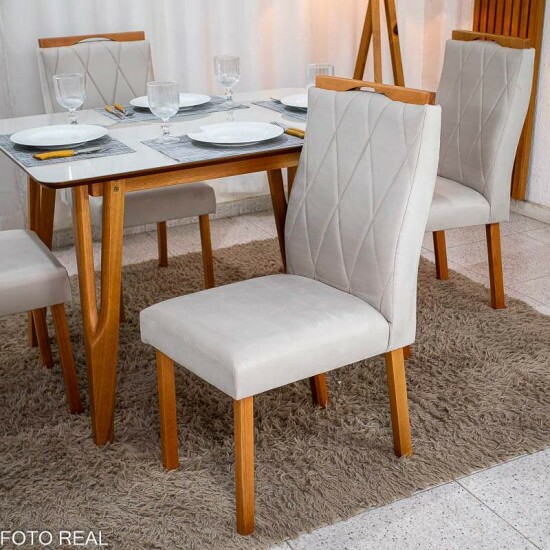Mesa Siena 120x90 Vidro Off/Base Madeira + 4 Cadeiras Lisboa Veludo Bege 512 Madeira Art Assento - Entregue Montada