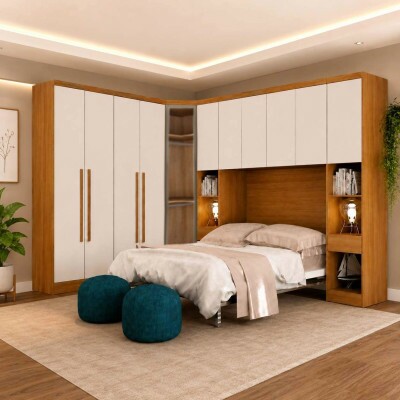 Modulado Queen Cumaru/Fendi Fosco 1 Guarda-Roupa Rizon New 4 Pts + 2 Criado Rizon + 1 Canto Obl�quo Rizon C/Porta de Vidro + 1 A�reo 4 portas Rizon - Novo Horizonte