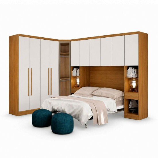 Modulado Queen Cumaru/Fendi Fosco 1 Guarda-Roupa Rizon New 4 Pts + 2 Criado Rizon + 1 Canto Obl�quo Rizon C/Porta de Vidro + 1 A�reo 4 portas Rizon - Novo Horizonte