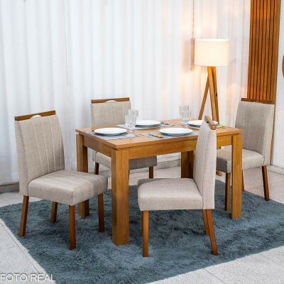 Mesa Athenas 120x80 Am�ndoa Clean Tampo Maci�o - M�veis Lopas + 4 Cad. Isabela Linho Bege Madeira Maci�a Entregue Montada - KM Decor