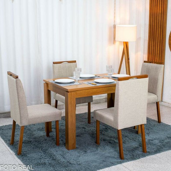 Mesa de Jantar Athenas 120x80 Am�ndoa Clean Lopas + 4 Cadeiras Isabela Linho Bege Estrutura Madeira KM Decor | Entregue Montada