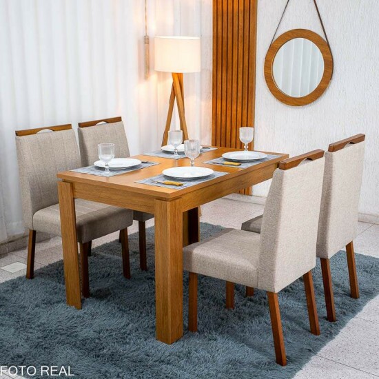 Mesa de Jantar Athenas 120x80 Am�ndoa Clean Lopas + 4 Cadeiras Isabela Linho Bege Estrutura Madeira KM Decor | Entregue Montada