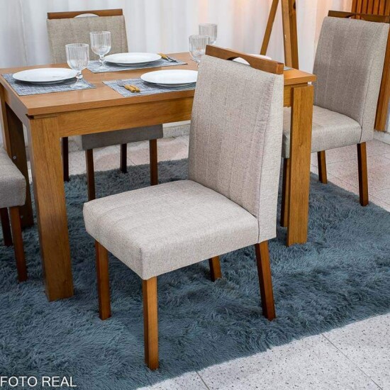 Mesa de Jantar Athenas 120x80 Am�ndoa Clean Lopas + 4 Cadeiras Isabela Linho Bege Estrutura Madeira KM Decor | Entregue Montada