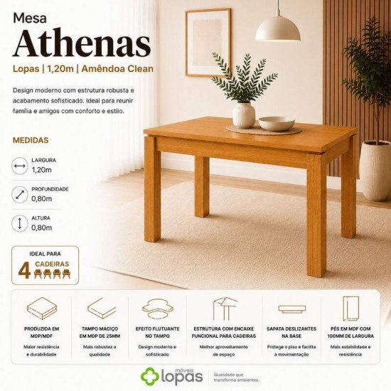 Mesa de Jantar Athenas 120x80 Am�ndoa Clean Lopas + 4 Cadeiras Isabela Linho Bege Estrutura Madeira KM Decor | Entregue Montada