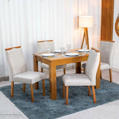 Mesa Athenas 120x80 Am�ndoa Tampo Maci�o Lopas + 4 Cadeiras Lisboa Veludo Bege 512 Estrutura Madeira Art Assento | Entregue Montada