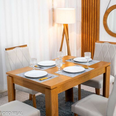 Mesa Athenas 120x80 Am�ndoa Tampo Maci�o Lopas + 4 Cadeiras Lisboa Veludo Bege 512 Estrutura Madeira Art Assento | Entregue Montada