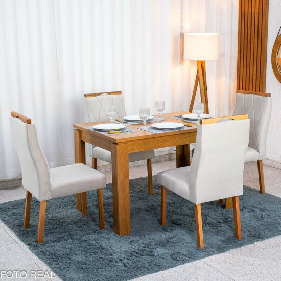 Mesa Athenas 120x80 Am�ndoa Tampo Maci�o Lopas + 4 Cadeiras Lisboa Veludo Bege 512 Estrutura Madeira Art Assento | Entregue Montada