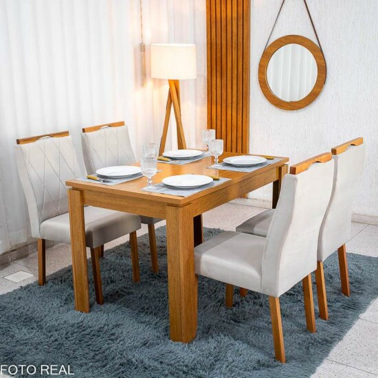 Mesa Athenas 120x80 Am�ndoa Tampo Maci�o Lopas + 4 Cadeiras Lisboa Veludo Bege 512 Estrutura Madeira Art Assento | Entregue Montada