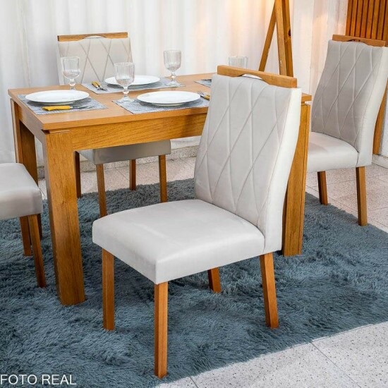 Mesa Athenas 120x80 Am�ndoa Tampo Maci�o Lopas + 4 Cadeiras Lisboa Veludo Bege 512 Estrutura Madeira Art Assento | Entregue Montada