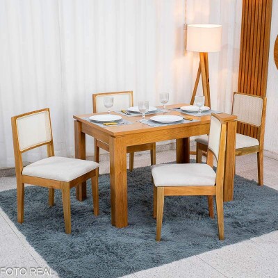 Mesa de Jantar Athenas 120x80 Am�ndoa Clean Lopas + 4 Cadeiras Cantiga Boucle Bege em Madeira Bechara | Entregue Montada