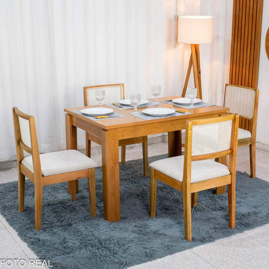 Mesa de Jantar Athenas 120x80 Am�ndoa Clean Lopas + 4 Cadeiras Cantiga Boucle Bege Bechara - Entregue Montada