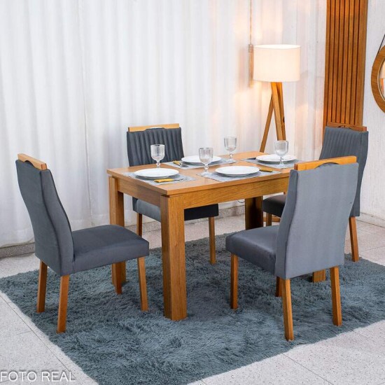 Mesa Athenas 120x80 Am�ndoa Clean Tampo Maci�o Lopas + 4 Cadeiras G�nova Veludo Cinza 507 Estrutura Madeira Art Assentos | Entregue Montada