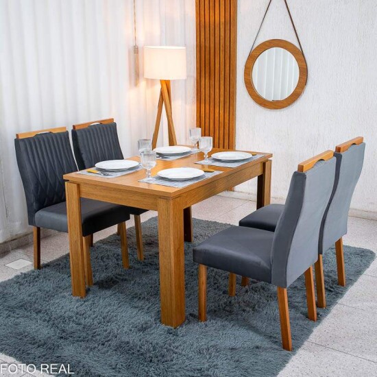 Mesa Athenas 120x80 Am�ndoa Clean Tampo Maci�o Lopas + 4 Cadeiras G�nova Veludo Cinza 507 Estrutura Madeira Art Assentos | Entregue Montada