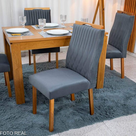 Mesa Athenas 120x80 Am�ndoa Clean Tampo Maci�o Lopas + 4 Cadeiras G�nova Veludo Cinza 507 Estrutura Madeira Art Assentos | Entregue Montada