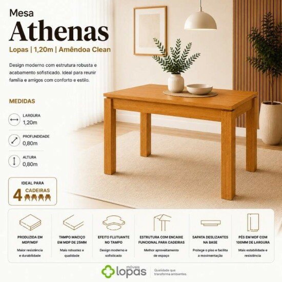Mesa Athenas 120x80 Am�ndoa Clean Tampo Maci�o Lopas + 4 Cadeiras G�nova Veludo Cinza 507 Estrutura Madeira Art Assentos | Entregue Montada