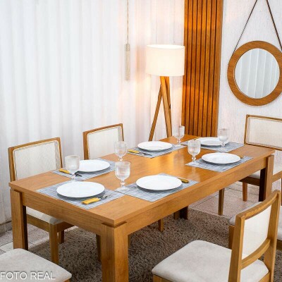 Mesa Athenas 180x90 Am�ndoa Clean Tampo Maci�o - M�veis Lopas + 6 Cad. Cantiga Boucle Bege Madeira Maci�a - Bechara