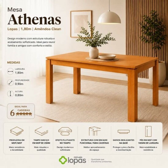 Mesa Athenas 180x90 Am�ndoa Clean Tampo Maci�o - M�veis Lopas + 6 Cad. Cantiga Boucle Bege Madeira Maci�a - Bechara