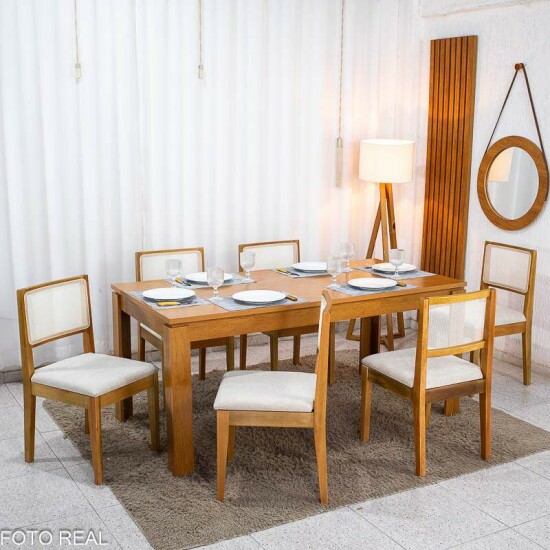 Mesa Athenas 180x90 Am�ndoa Clean Tampo Maci�o - M�veis Lopas + 6 Cad. Cantiga Boucle Bege Madeira Maci�a - Bechara