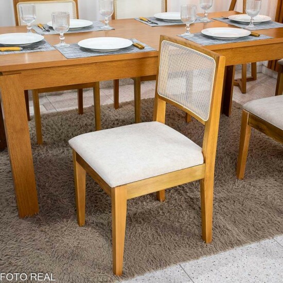Mesa Athenas 180x90 Am�ndoa Clean Tampo Maci�o - M�veis Lopas + 6 Cad. Cantiga Boucle Bege Madeira Maci�a - Bechara