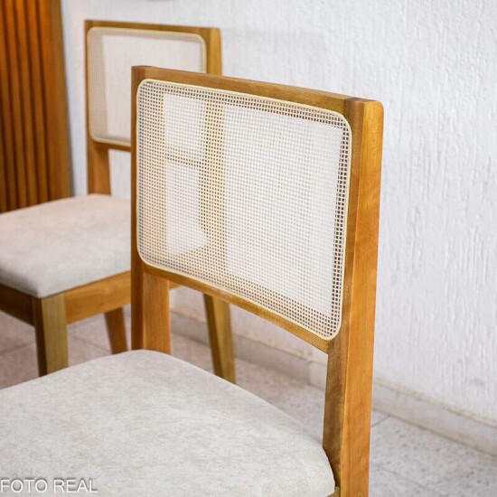 Mesa Athenas 180x90 Am�ndoa Clean Tampo Maci�o - M�veis Lopas + 6 Cad. Cantiga Boucle Bege Madeira Maci�a - Bechara