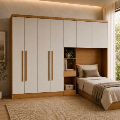 Modulado Solteiro Cumaru/Fendi Fosco 1 Roupeiro Rizon 4 Pts + 1 Criado Rizon + 1 A�reo 2 portas Rizon - Novo Horizonte
