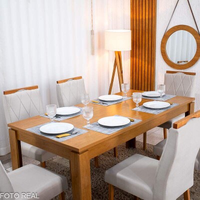 Mesa Athenas 180x90 Am�ndoa Clean Tampo Maci�o Lopas + 6 Cad. Lisboa Veludo Bege 512 Art Assento - Entregue Montada