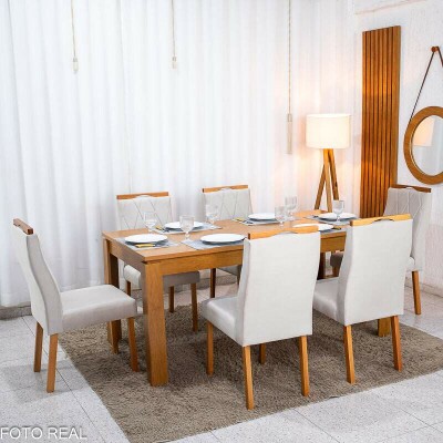 Mesa Athenas 180x90 Am�ndoa Clean Tampo Maci�o Lopas + 6 Cad. Lisboa Veludo Bege 512 Art Assento - Entregue Montada
