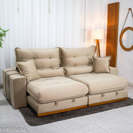 Sof� Retr�til Reclin�vel M�naco 2.50m Veludo Bege A32 - Molas Ensacadas