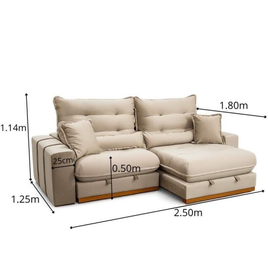 Sof� Retr�til Reclin�vel M�naco 2.50m Veludo Bege A32 - Molas Ensacadas