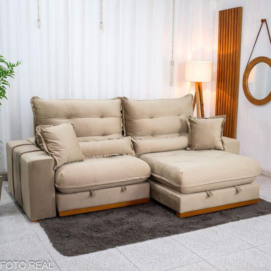 Sof� Retr�til Reclin�vel M�naco 2.50m Veludo Bege A32 - Molas Ensacadas