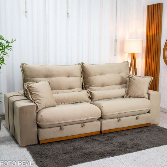 Sof� Retr�til Reclin�vel M�naco 2.50m Veludo Bege A32 - Molas Ensacadas