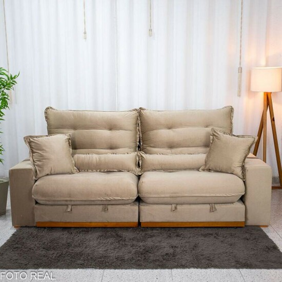 Sof� Retr�til Reclin�vel M�naco 2.50m Veludo Bege A32 - Molas Ensacadas