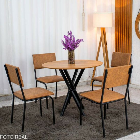 Mesa Ana 90x90 Redonda tampo Amadeirado + 4 Cadeiras Corino - Teixeira