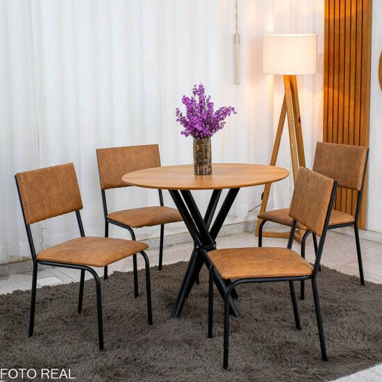 Mesa Ana 90x90 Redonda tampo Amadeirado + 4 Cadeiras Corino - Teixeira