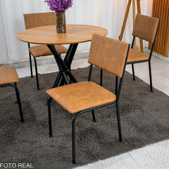 Mesa Ana 90x90 Redonda tampo Amadeirado + 4 Cadeiras Corino - Teixeira