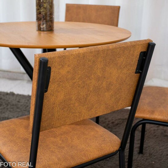 Mesa Ana 90x90 Redonda tampo Amadeirado + 4 Cadeiras Corino - Teixeira