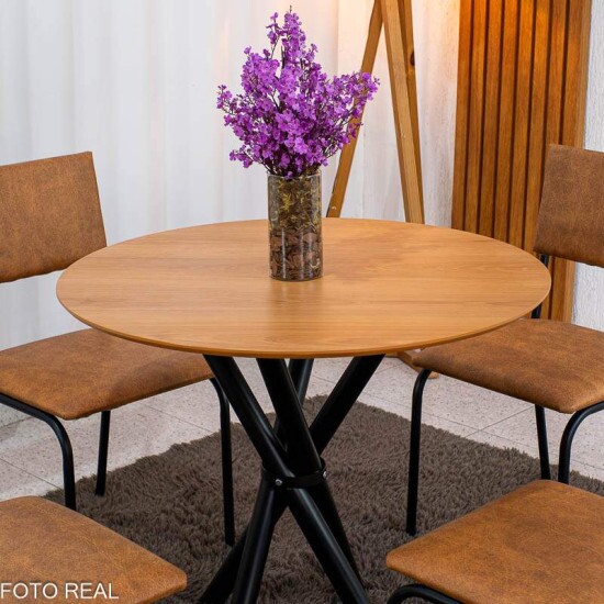 Mesa Ana 90x90 Redonda tampo Amadeirado + 4 Cadeiras Corino - Teixeira