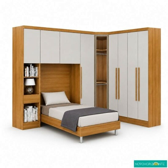 Guarda roupa Solteiro Cumaru/Fendi Fosco 1 Guarda-roupa Rizon 4 Pts + 1 Criado Rizon + 1 Canto Obl�quo Rizon C/Porta de Vidro + 1 Modulado Rizon 1 Porta + 1 A�reo 2 portas Rizon - Novo Horizonte
