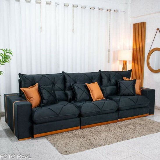 Sof� Retr�til Reclin�vel Gran Bello 3.20m Veludo Preto 21- Molas Ensacadas