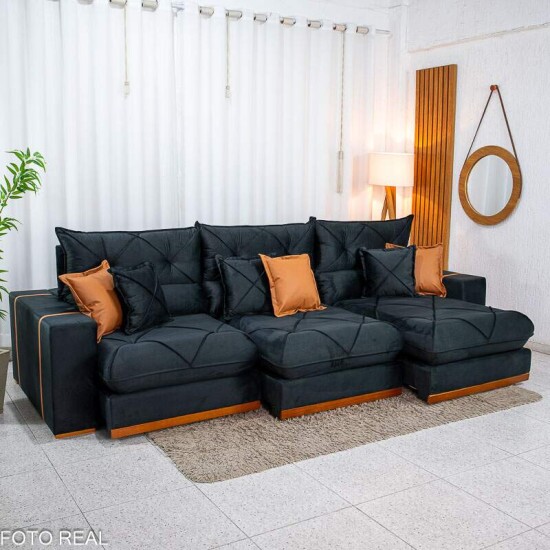 Sof� Retr�til Reclin�vel Gran Bello 3.20m Veludo Preto 21- Molas Ensacadas