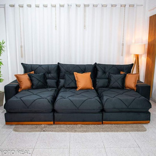 Sof� Retr�til Reclin�vel Gran Bello 3.20m Veludo Preto 21- Molas Ensacadas