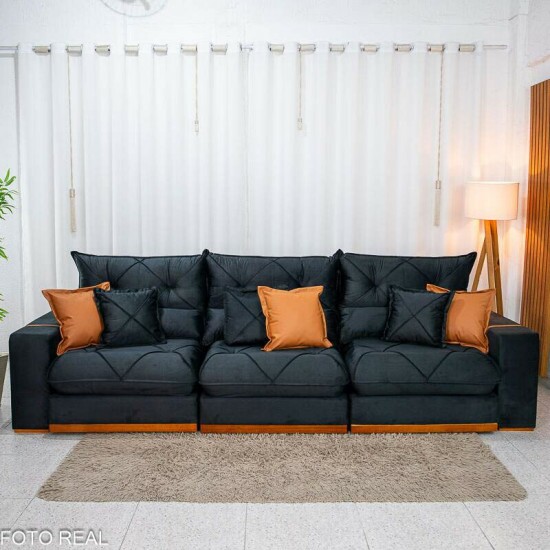 Sof� Retr�til Reclin�vel Gran Bello 3.20m Veludo Preto 21- Molas Ensacadas