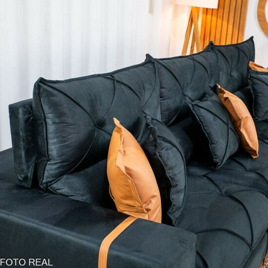 Sof� Retr�til Reclin�vel Gran Bello 3.20m Veludo Preto 21- Molas Ensacadas