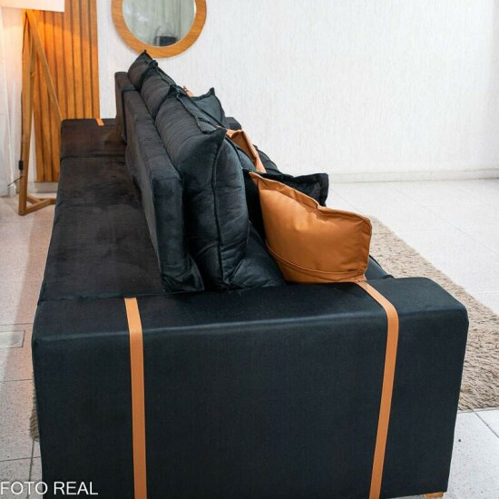 Sof� Retr�til Reclin�vel Gran Bello 3.20m Veludo Preto 21- Molas Ensacadas