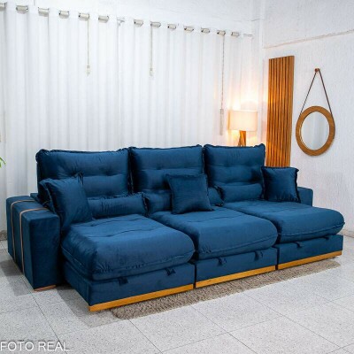 Sof� Retr�til Reclin�vel M�naco 3.20m Veludo Azul A16 - Molas Ensacadas